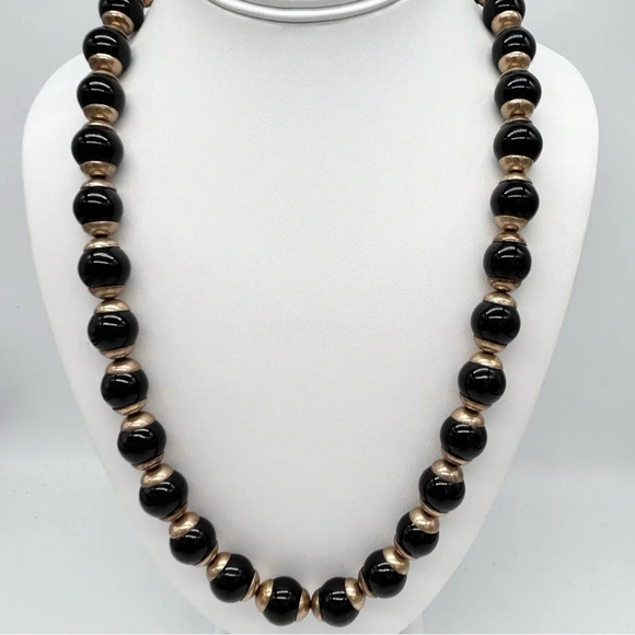 J. Crew Black and Gold Beaded Ribbon Tie Necklace - Picture 1 of 3